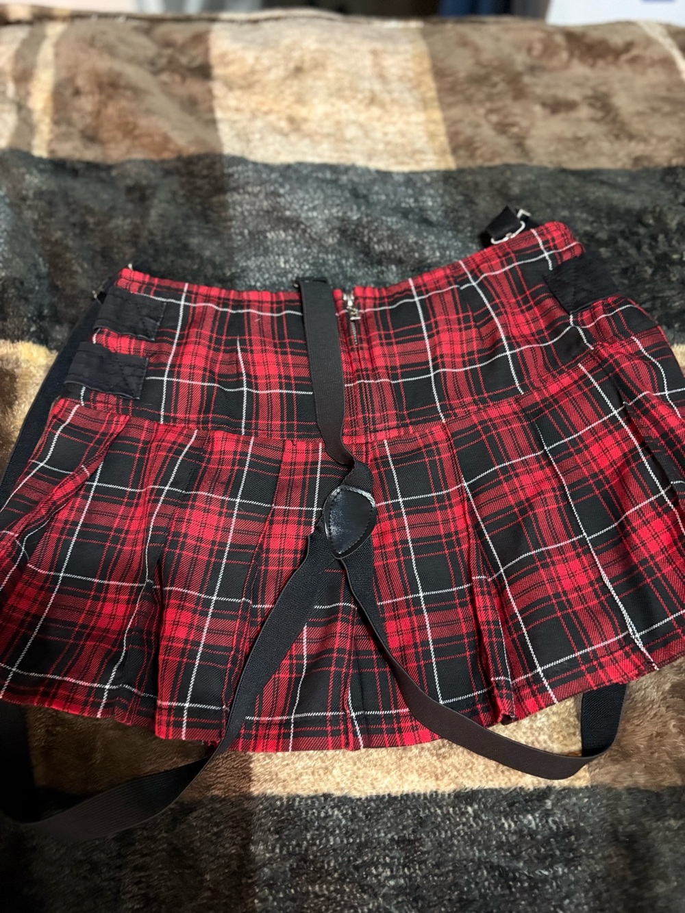 Red Plaid Pleated Mini Skirt with Suspender Straps